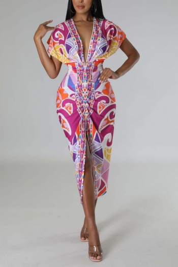 sexy plus size non-stretch multicolor printing pleated deep v slit midi dress