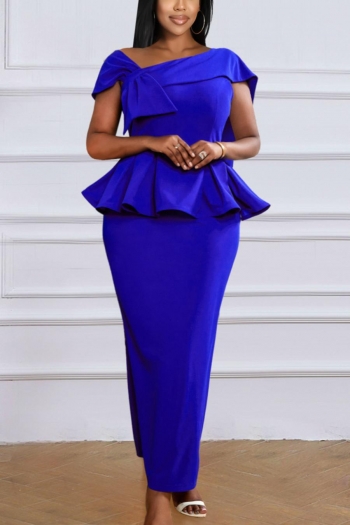sexy plus size slight stretch solid color ruffle slit maxi dress