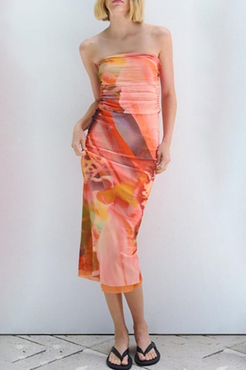 sexy slight stretch mesh batch printing tube design shirring zip-up midi dress