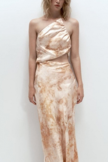 sexy non-stretch batch printing one shoulder hollow midi dress