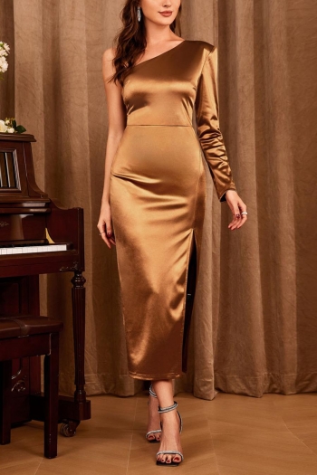 elegant slight stretch one shoulder backless zip-up high slit midi dress