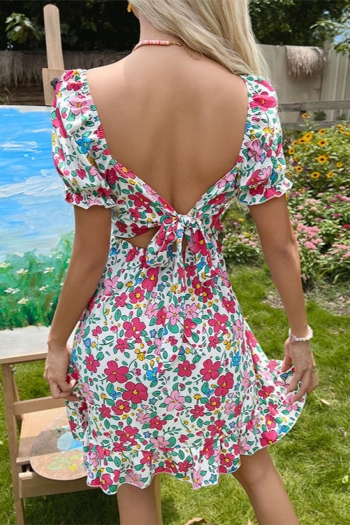 sexy non-stretch floral batch printing backless hollow mini dress