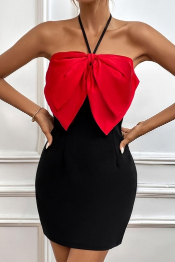 sexy slight stretch halter neck contrast color bow zip-up mini dress