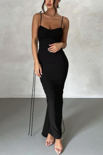 sexy slight stretch solid color lace-up sling shirring maxi dress