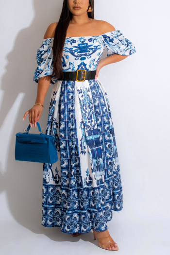 casual plus-size non-stretch blue and white porcelain printing maxi dress(no belt)