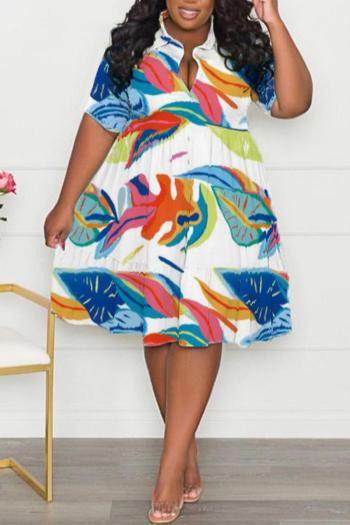 casual plus size non-stretch single breasted loose batch printing midi dress