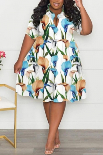 casual plus size non-stretch single breasted loose batch printing midi dress#1