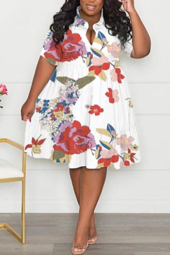 casual plus size non-stretch single breasted loose flower batch print midi dress