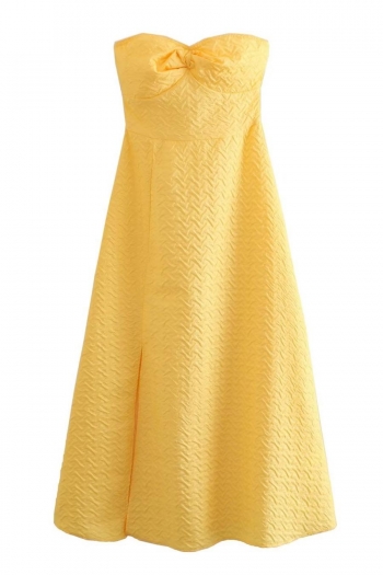 stylish non-stretch solid color strapless zip-up slit jacquard midi dress