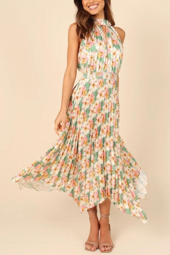 stylish non-stretch floral batch printing sleeveless pleated maxi dress