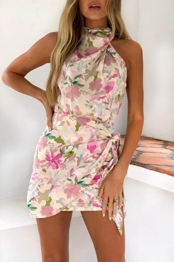 sexy non-stretch floral batch printing slim zip-up sleeveless mini dress