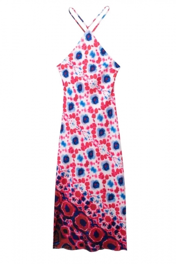 sexy slight stretch abstract flower fixed printing sling midi dress
