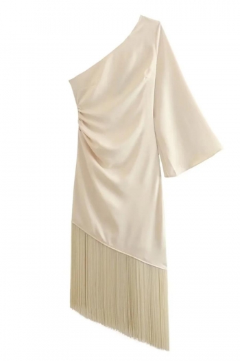 sexy slight stretch solid color tassels decor one shoulder zip-up midi dress