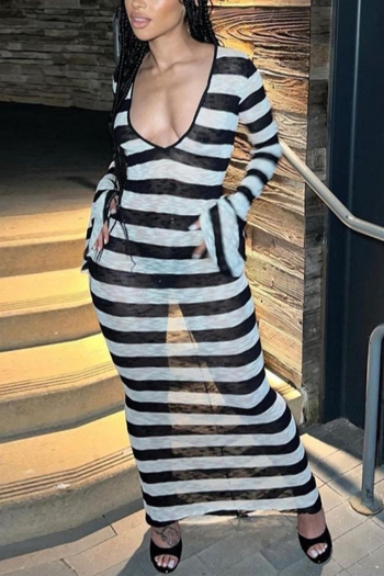 sexy slight stretch striped print deep v backless bell sleeve maxi dress