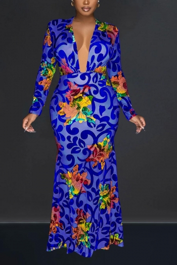 sexy plus-size high stretch flower batch printing with shoulder pads maxi dress