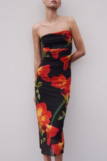sexy slight stretch mesh tube design flower batch printing shirring midi dress