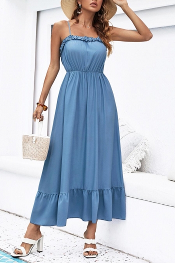 casual non-stretch simple solid color sling stringy selvedge midi dress