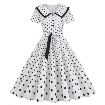 casual plus size non-stretch polka dot printing button belt zip-up midi dress