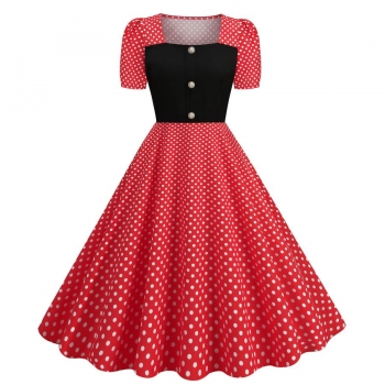 stylish plus size non-stretch polka dot printing patchwork button midi dress