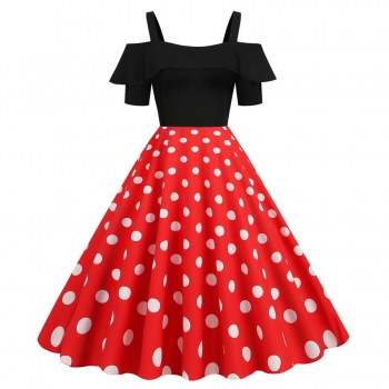 stylish plus size non-stretch big polka dot printing patchwork zip-up midi dress