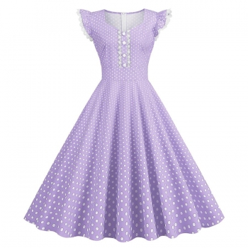stylish plus size non-stretch lace sleeves polka dot printing zip-up midi dress