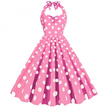 stylish plus size non-stretch halter neck big polka dot print zip-up midi dress