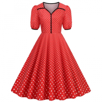 stylish plus size non-stretch polka dot printing zip-up short sleeve midi dress