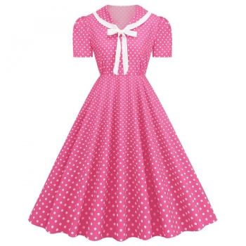 stylish plus size non-stretch polka dot printing bow tie zip-up midi dress
