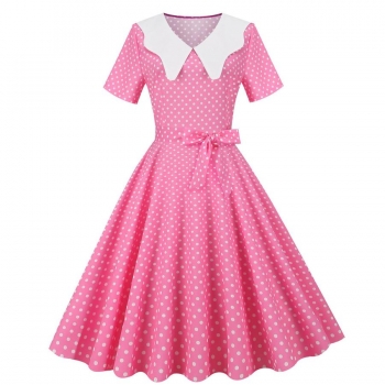 stylish plus size non-stretch polka dot printing belt zip-up midi dress