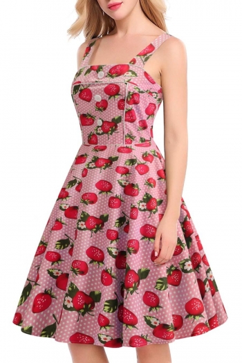 stylish plus size non-stretch strawberry printing sling zip-up midi dress