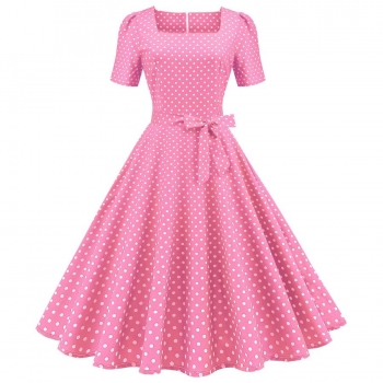 stylish plus size non-stretch square neck polka dot print zip-up belt midi dress