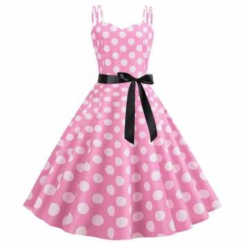 stylish plus size non-stretch sling big polka dot print zip-up belt midi dress