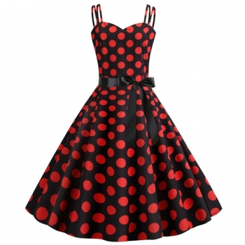 stylish plus size non-stretch sling big polka dot print zip-up belt midi dress#1