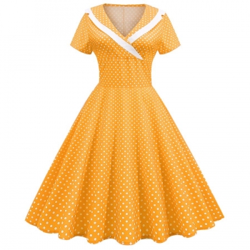stylish plus size non-stretch polka dot print zip-up short sleeve midi dress