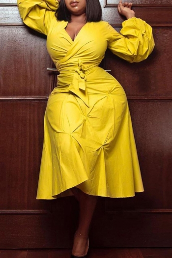 casual plus size slight stretch solid color with belt midi dress