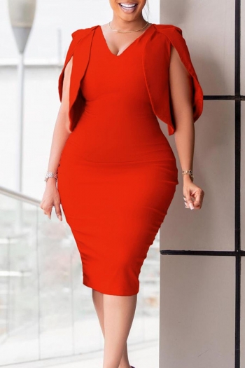 sexy plus size slight stretch 4 colors orange v-neck bodycon midi dress