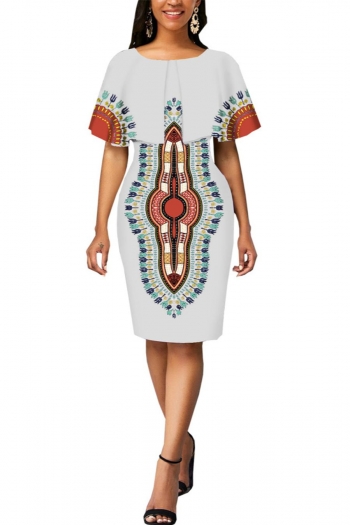 casual plus-size high stretch geometry printing midi dress
