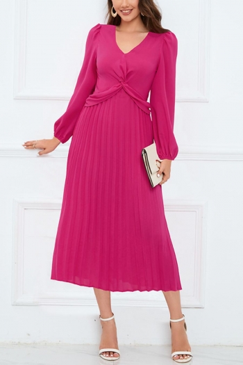 stylish plus size non-stretch 4 colors v-neck pleated midi dress