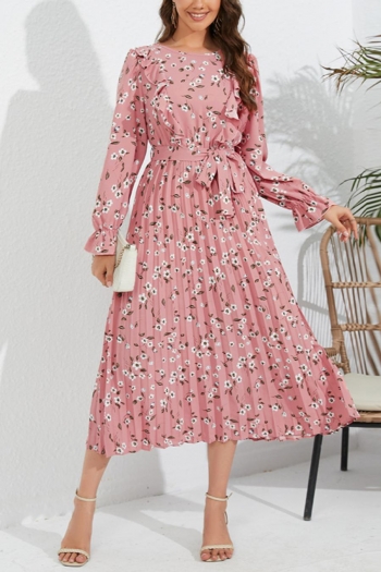 bohemian plus size non-stretch floral printing ruffle with belt midi dress