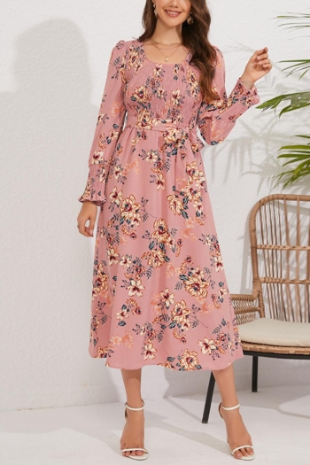 stylish plus size non-stretch floral printing smocked midi dress with belt