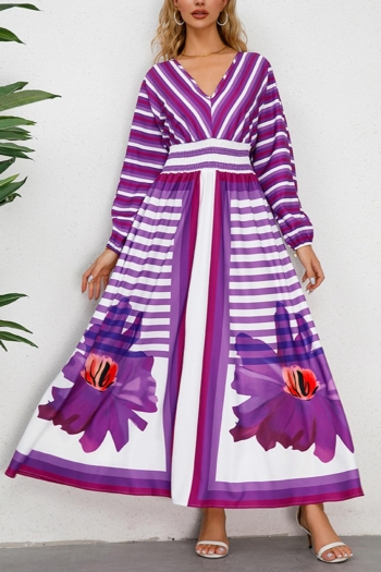 bohemian plus size non-stretch stripe & flower print v-neck backless maxi dress