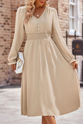casual non-stretch solid color button v-neck midi dress