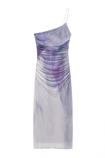 sexy slight stretch mesh tie-dye print zip-up shirring slim midi dress size run small