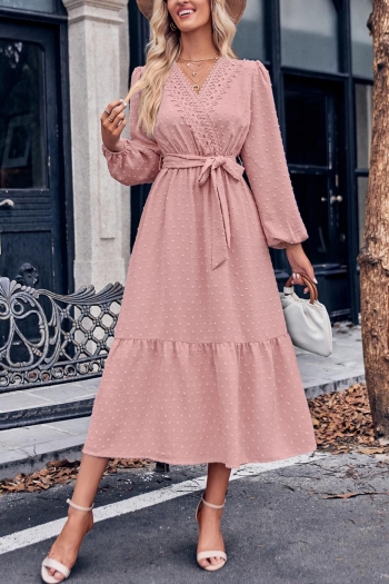 casual non-stretch solid color v-neck with belt midi dress