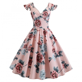stylish plus size non-stretch flower batch printing zip-up midi dress