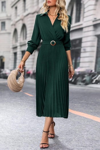 casual non-stretch pleated with belt midi dress