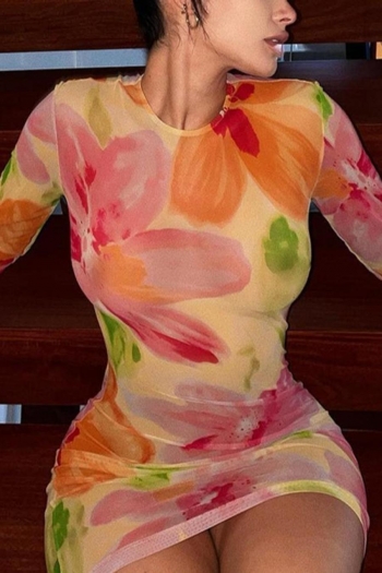 sexy slight stretch see through mesh flower batch printing bodycon mini dress