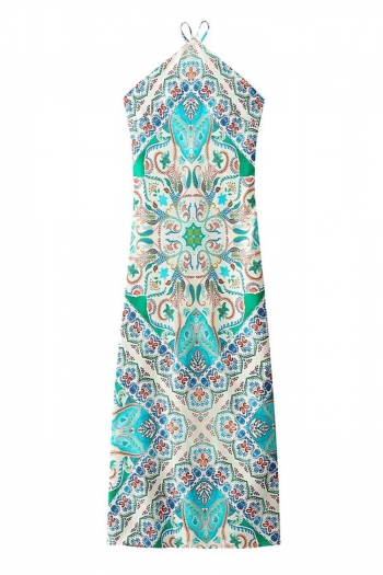 sexy slight stretch paisley graphic printing backless zip-up lace-up midi dress