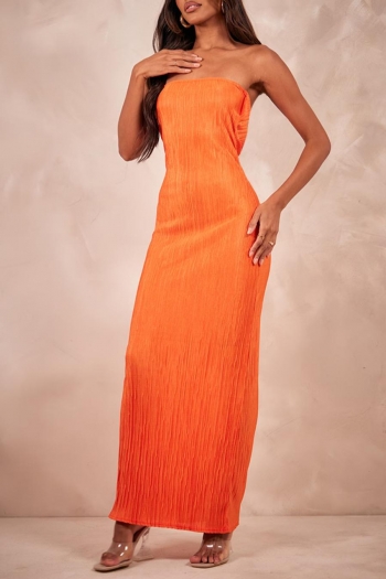 sexy slight stretch orange tube design lace-up pleated maxi dress