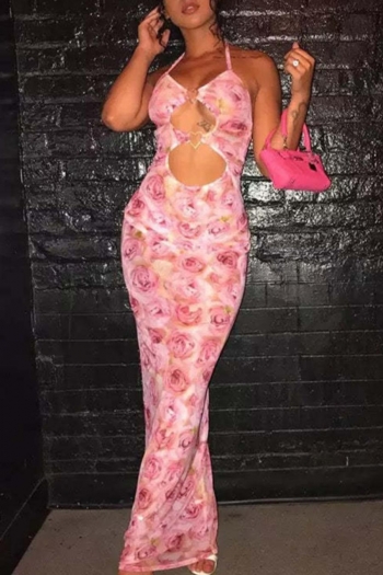 sexy slight stretch mesh floral printing hollow heart ring linked maxi dress